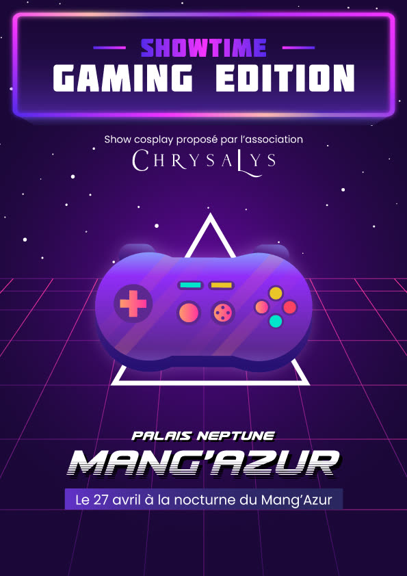 Affiche de Showtime : Gaming Edition, manette de jeu vidéo stylisée sur fond synthwave violet et bleu.
