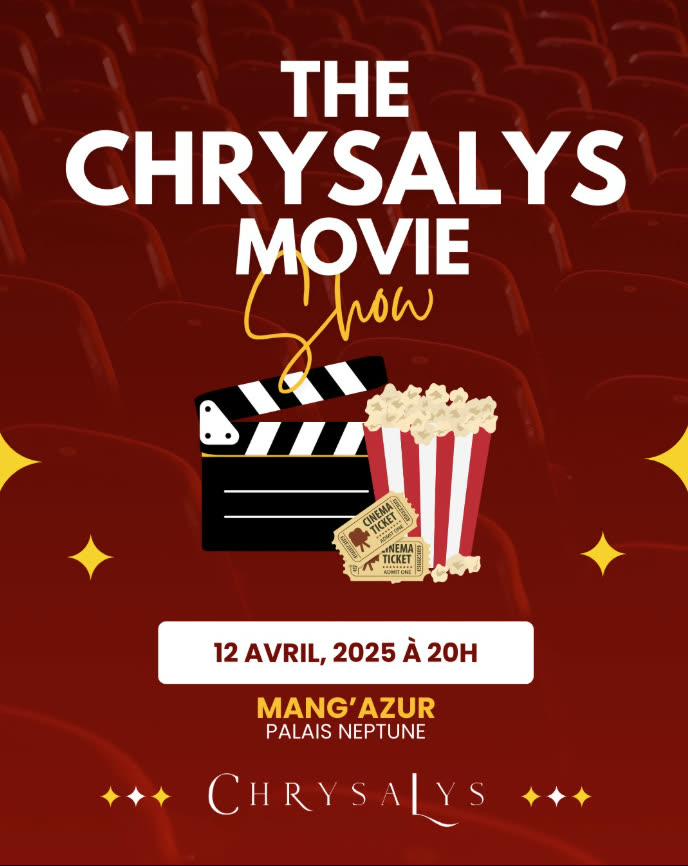 Affiche de The Chrysalys Movie Show : clap de cinéma et pop-corn sur fond de fauteuils de salle obscure.
