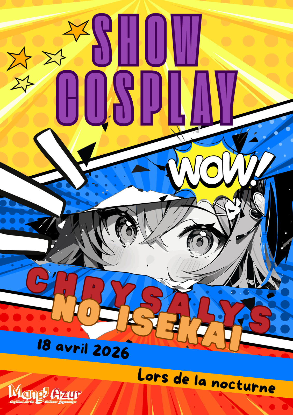 Affiche de Chrysalys no Isekai, style comics manga, avec un regard de personnage et l'inscription « Wow ! ».
